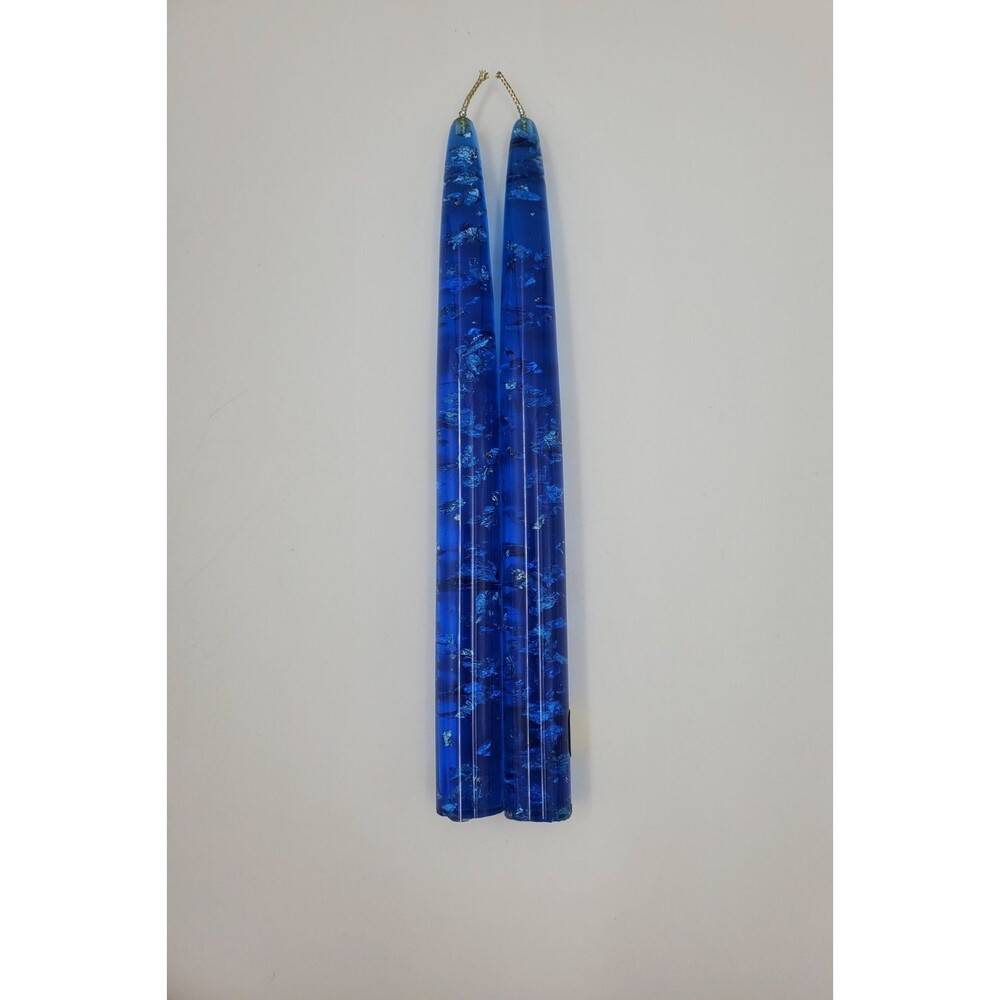 Set of 2 Vintage Lucite Taper Candles Blue With Silver Metallic Flakes 8" MCM